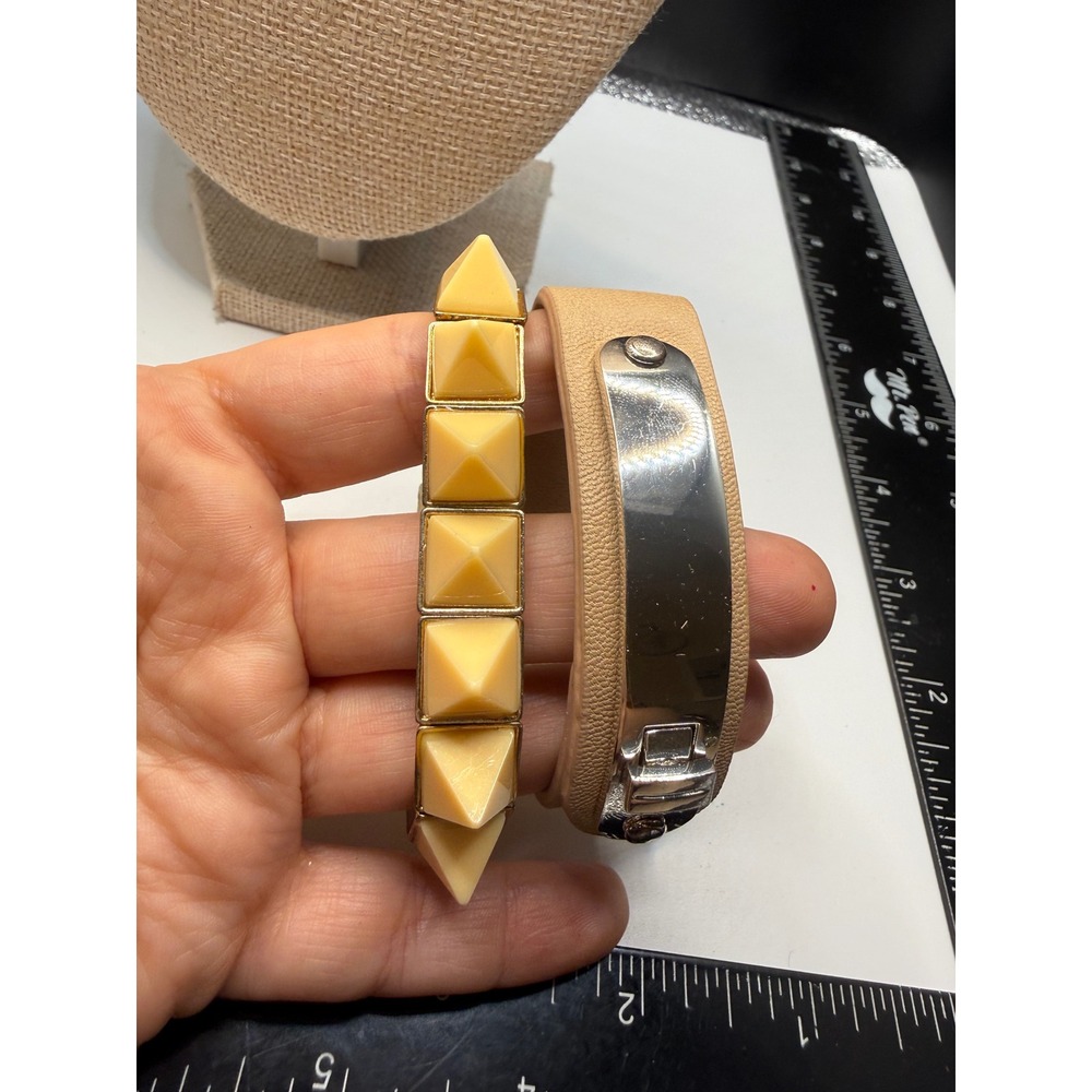 Tan Faux Leather ID Wrap‎ Bracelet & Cream Pyramid Stud Stretch Bracelet Set 2pc